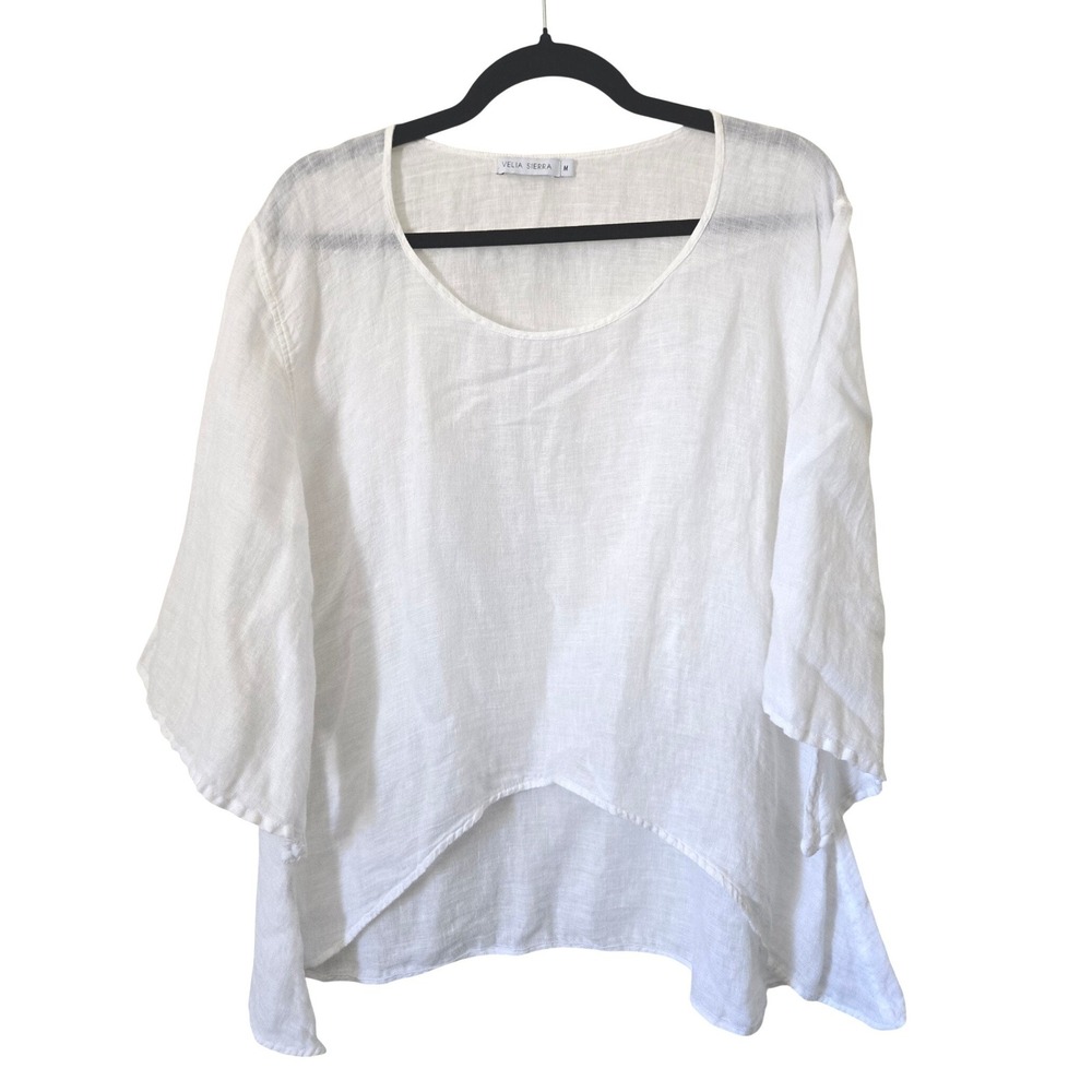 Velia Sierra White 100% Linen Asymmetrical Kimono Sleeve Top Beach Art To Wear